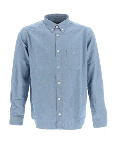 Apc Logo-embroidered Denim Shirt In Blue
