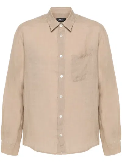 Apc Logo-embroidered Linen Shirt In Neutrals