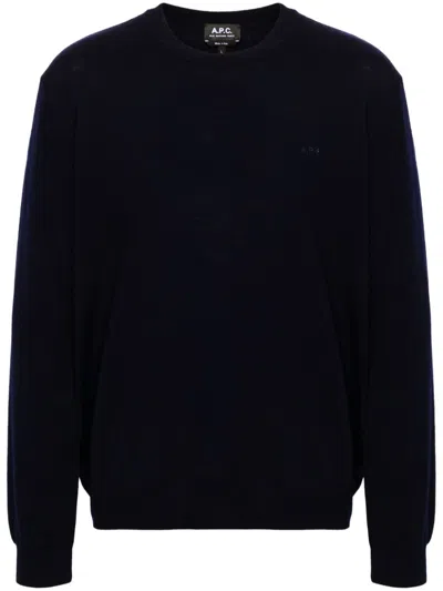 Apc Merino Wool Jumper With Tone-on-tone Embroidery In Blue