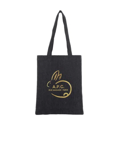Apc A.p.c. Logo Printed Denim Tote Bag In Black