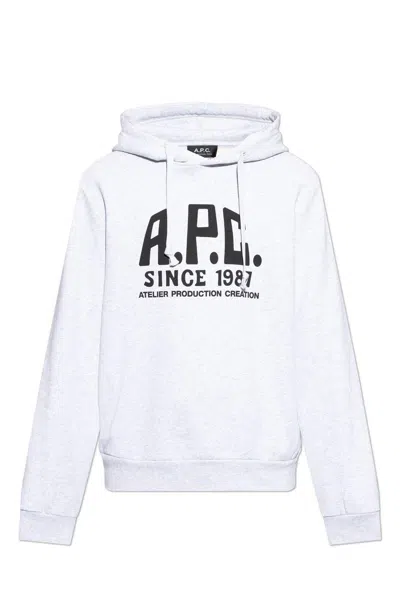 Apc A.p.c. Logo Printed Drawstring Hoodie In Grey
