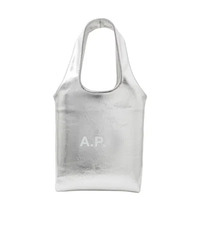 A.p.c. Logo Printed Metallic Effect Tote Bag In Silver