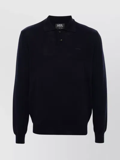 Apc Logo Wool Sweater Polo Collar In Blue
