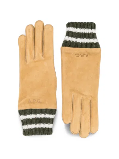 A.p.c. Logo-embossed Striped-cuff Gloves In Brown