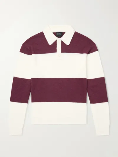 A.p.c. Logo-embroidered Striped Virgin Wool Polo Sweater In Burgundy