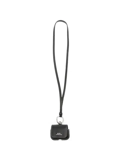 A.p.c. Logo-print Leather Airpods Pro Case Charm In Black