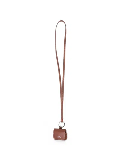A.p.c. Logo-print Leather Airpods Pro Case Keyring In Brown