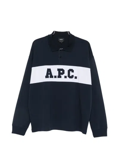 A.p.c. A. P.c. Long-sleeve Cotton Polo Shirt With Front Logo And Ribbed Cuffs In Blue
