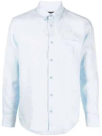 Apc A.p.c. Long-sleeved Light Blue Linen Shirt With Embroidered Logo