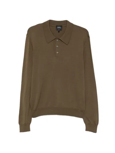 A.p.c. A. P.c. Classic Collar Wool Sweater Shirt With Short Button Placket In Green