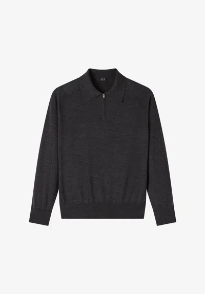 A.p.c. Long-sleeved Gray Wool Polo Shirt Xs Charcoal Grey
