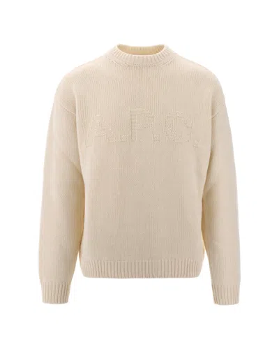 A.p.c. Cream Ribbed Knit Jacquard Logo Recycled Wool Sweater In Neutral