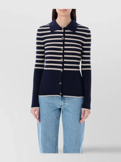 Apc Mallory Collared Neck Striped Ribbed Cardigan In Dark Navy/ecru