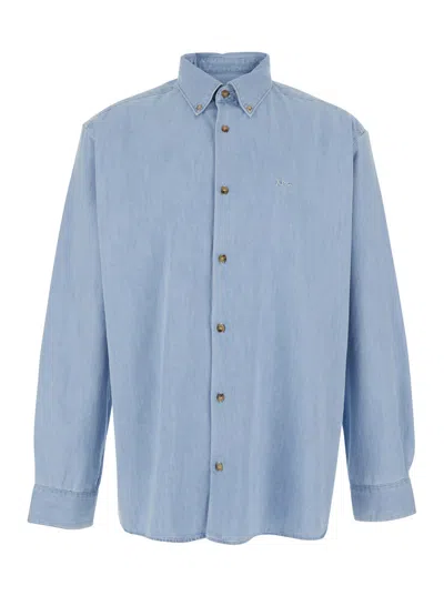 Apc Mathia Light Blue Shirt With Classic Collar And Logo Lettering Embroidery On The Front In Cotton Man