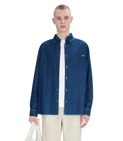Apc A.p.c. Button-down Denim Shirt With Logo Detail In Blue