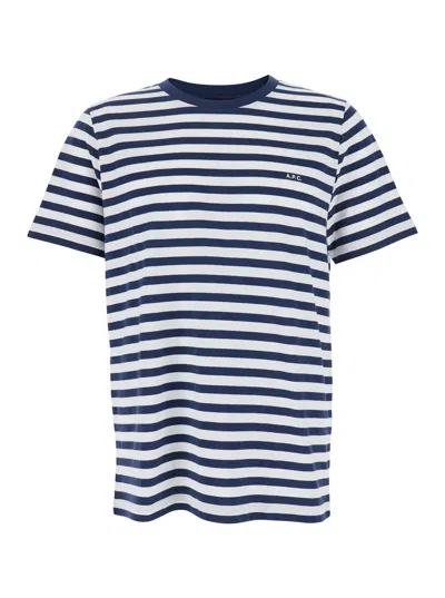APC A.P.C. MEN BLUE T-SHIRT WITH STRIPED MOTIF AND LOGO EMBROIDERED ON THE FRONT IN COTTON MAN