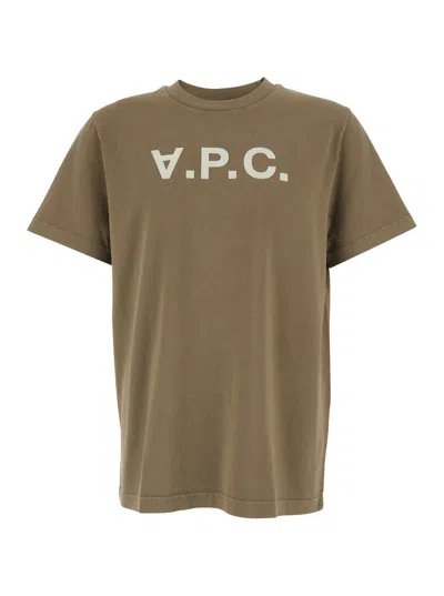 APC A.P.C. MEN BROWN CREWNECK T-SHIRT WITH LOGO LETTERING ON THE FRONT IN COTTON MAN