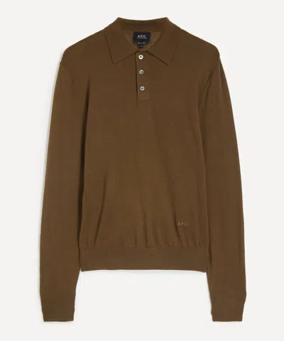 Apc A.p.c. Mens Khaki Green Wool Polo Shirt In Brown