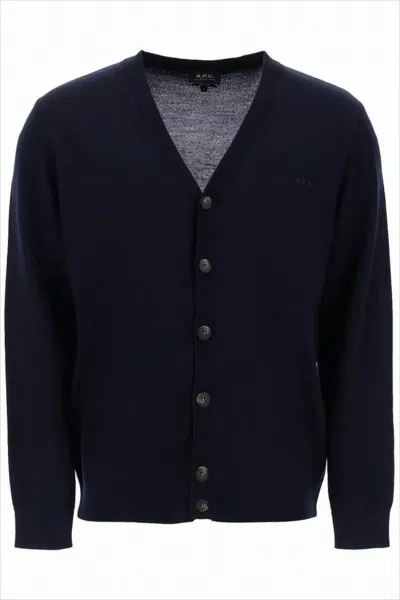 Apc Minimalist V-neck Cardigan With Button-down Front In Blue