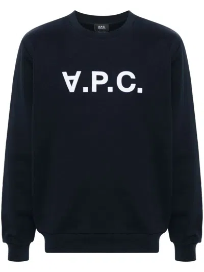 APC NAVY BLUE CREW NECK SWEATER WITH FLOCKED LOGO
