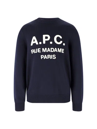 A.p.c. Navy Blue Crewneck Sweater With Ribbed Finishes And Logo Detail In Multi
