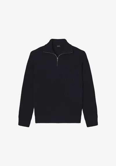A.p.c. Navy Blue Quarter-zip Sweater Xs Navy Blue