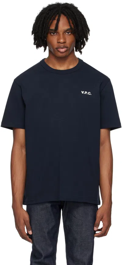 Apc Navy Flocked T-shirt In Dark Navy/ecru