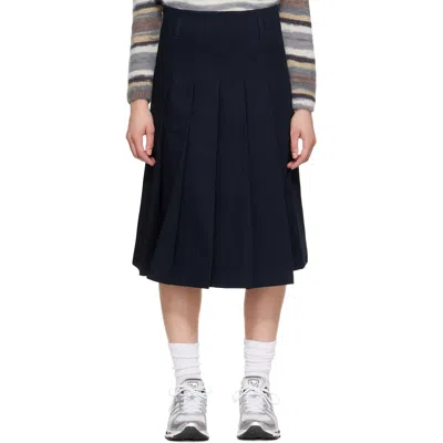 A.p.c. Navy Pleated Midi Skirt In Blue