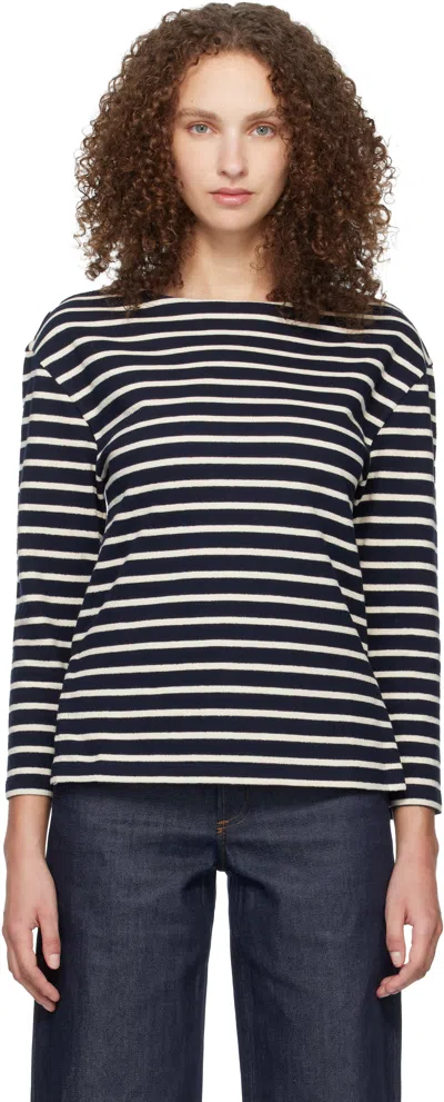 Apc Navy Striped Three-quarter Sleeve T-shirt In Blue