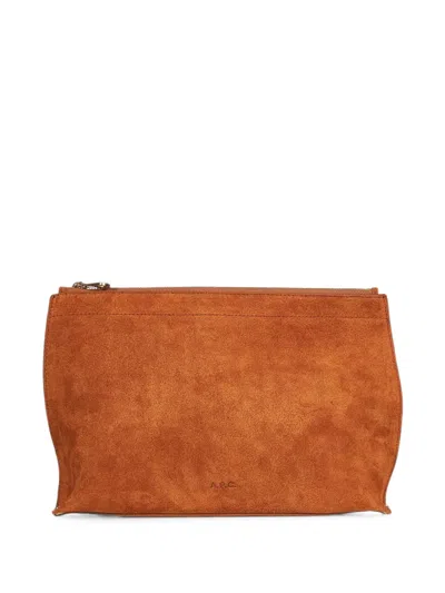 A.p.c. Neige Clou Logo-print Calf Suede Clutch Bag In Brown
