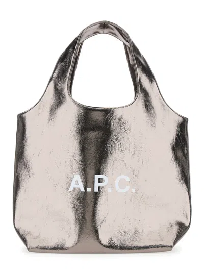 Apc Ninon Metallic Tote Bag With Logo Print In Faux Leather Woman In Gray