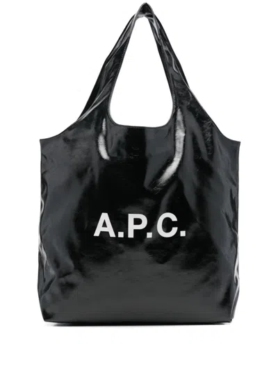 Apc A.p.c. Ninon Logo Printed Denim Small Tote Bag In Blue