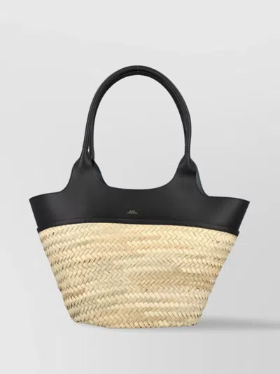 APC OPEN TOP STRAW TOTE WITH LEATHER HANDLES
