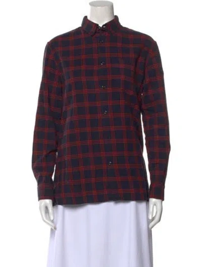 Pre-owned Apc Plaid Print Mock Neck Button-up Top In Red