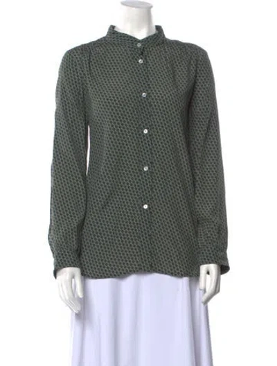 Pre-owned A.p.c. Polka Dot Print Mock Neck Button-up Top In Green