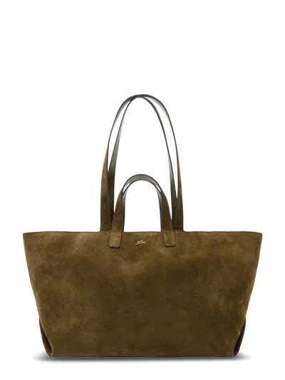 A.p.c. Rectangular Suede Tote Bag With Dual Straps In Green