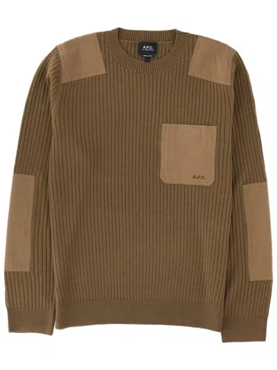 A.p.c. Ribbed Wool Knit Sweater With Suede Accents In Brown