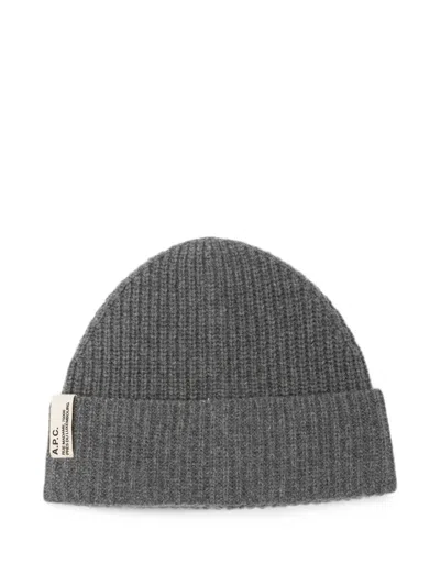 A.p.c. Ribbed-knit Logo-patch Beanie Hat In Gray