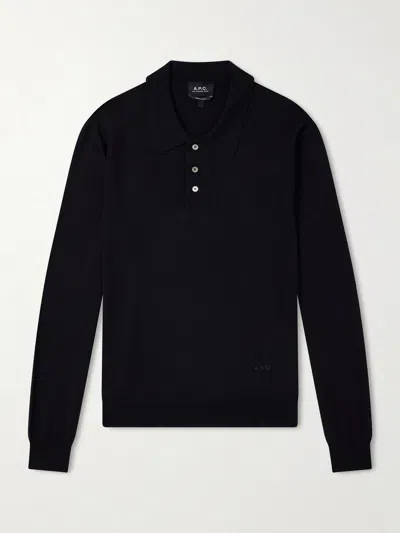 A.p.c. A. P.c. Classic Wool Sweater With Short Button Placket And Ribbed Cuffs In Black