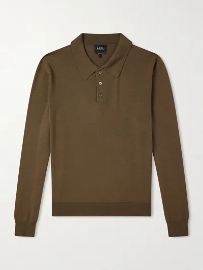 A.p.c. A. P.c. Classic Collar Wool Sweater Shirt With Short Button Placket In Green