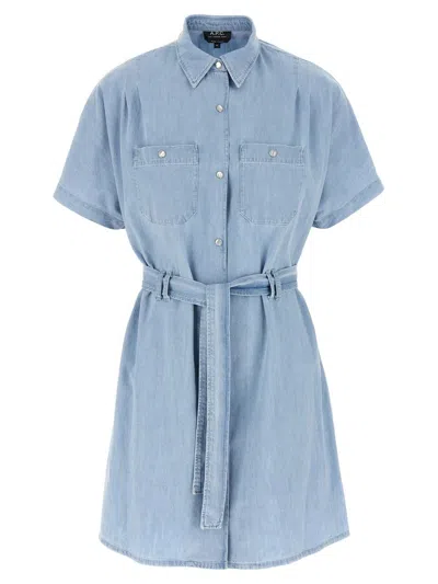 Apc A.p.c. 'suzanne' Light Blue Dress With Patch Pockets On The Chest And Waist Belt In Cotton Woman In Multicolor