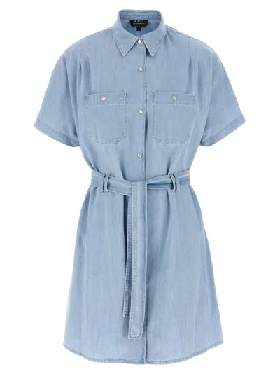 Apc A.p.c. 'suzanne' Light Blue Dress With Patch Pockets On The Chest And Waist Belt In Cotton Woman In Multicolor