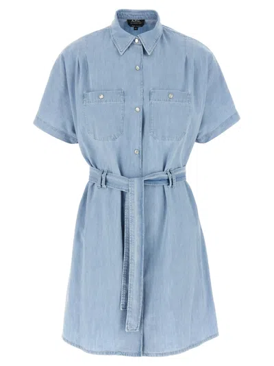 Apc A.p.c. 'suzanne' Light Blue Dress With Patch Pockets On The Chest And Waist Belt In Cotton Woman In Multicolor