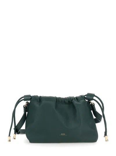 APC 'NINON' GREEN MINI CROSSBODY BAG WITH DRAWSTRING CLOSURE AND EMBOSSED LOGO LETTERING ON THE FRONT IN