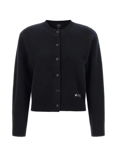 A.p.c. Short Embroidered Wool Cardigan In Blue