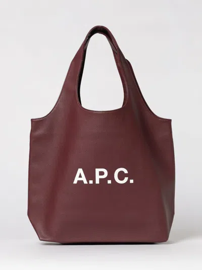A.p.c. Leather Tote Shoulder Bag With Logo In Burgundy