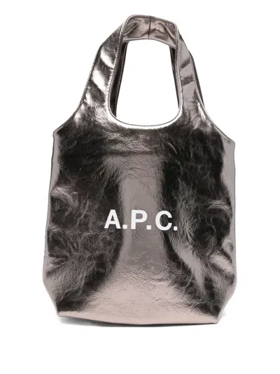 Apc Small Ninon Metallic Logo Tote Bag In Silver