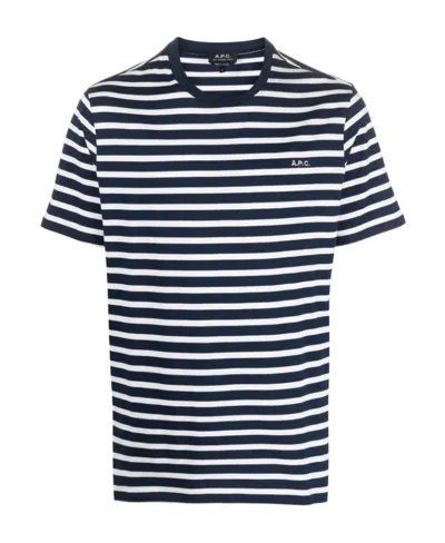 Apc A.p.c. Men Blue T-shirt With Striped Motif And Logo Embroidered On The Front In Cotton Man In White