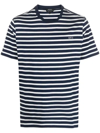 Apc A.p.c. Men Blue T-shirt With Striped Motif And Logo Embroidered On The Front In Cotton Man In White
