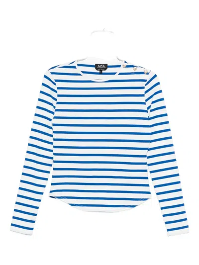 Apc Striped Button-shoulder T-shirt In Blue
